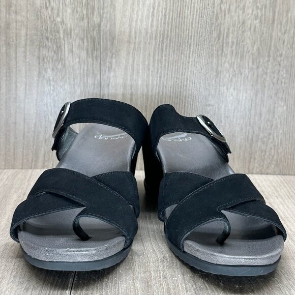 Dansko Aubree Sandals Womens Sz 37 Wedge Slip On Leather Adjustable Strap Black - Picture 4 of 11